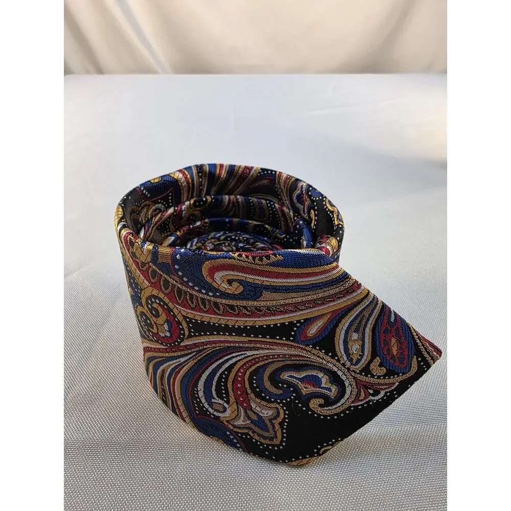 Classic Vintage Men's Tie Bright Paisley Blue Gold 100% Silk Jacquard Woven